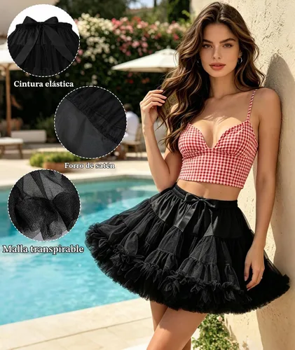 Vista 3 de Falda de Enagua de Gasa con Cintura Elástica para Mujer, Falda de Tul Tutú Esponjosa de Princesa para Ballet y Danza, Enaguas Falda Interior Negro1