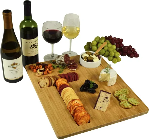 Vista 21 de Picnic at Ascot Monogram Bamboo Cheese/Charcutery/Cracker Tabla para servir - Incluye salsa de cerámica/cuenco de oliva con cuchara de bambú. letra