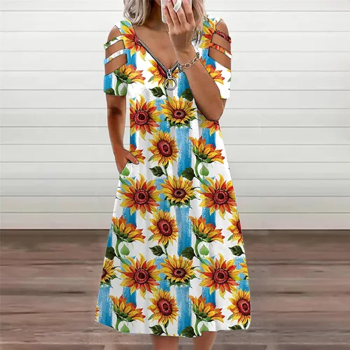 Vista 6 de Boda Vestidos de manga con hombros descubiertos Mujer por debajo de la rodilla Cóctel Acogedor Media Cremallera Verano Floral Casual 14