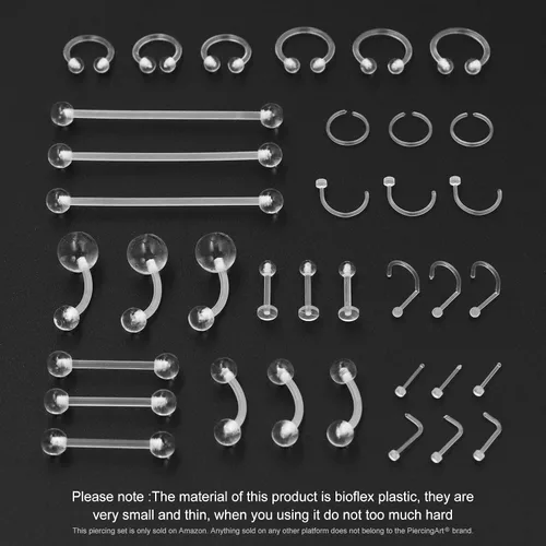 Vista 2 de 36 piezas de retenedores de piercing transparentes de plástico Bioflex para pezón, lengua, nariz, tabique, ceja, ombligo, aretes, tragus, hélice
