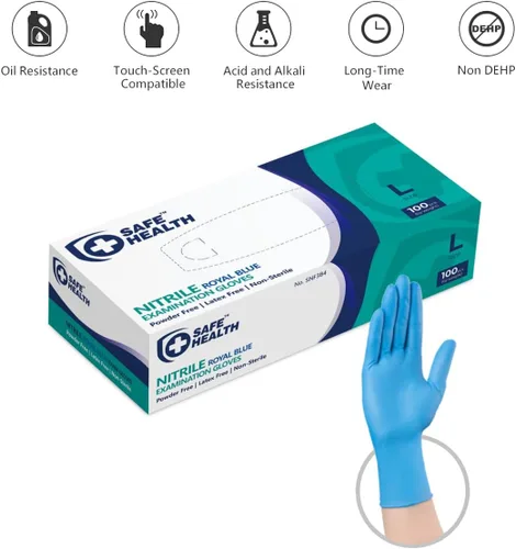 Vista 6 de Safe Health Nitrile Exam Gloves, 3.5 Mil, Bulk of 16 Cases, Latex Free, Powder Free, Blue, Medical Care, Nursing, Cleaning