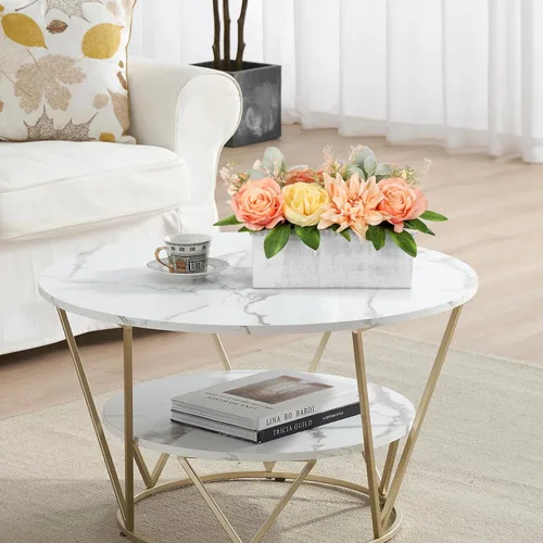 Vista 6 de DILATATA Arreglo floral con jarrón de madera, flores artificiales de 10 pulgadas en maceta, flores falsas en jarrón rectangular de madera blanco