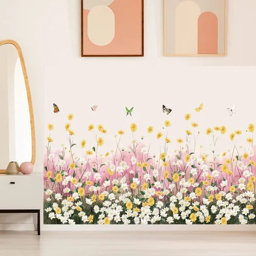 Vista 3 de Calcomanías de pared de flores de margarita, calcomanías de pared extraíbles de mariposa para despegar y pegar, calcomanías de pared florales