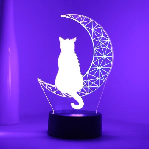 Vista 7 de EXIGENT Lámpara LED 3D Luna Gato Lámpara Acrílico Ilusión Noche Intermitente Fresco (Moon_Cat)