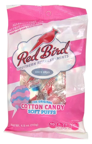 Vista 2 de Red Bird Caramelos de algodón con sabor a azúcar, mentas envueltas individualmente, caramelo único, bolsa de 4 onzas