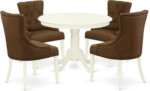 Vista 14 de East West Furniture HLFR3-LWH-18 - Juego de mesa y sillas de cocina de 3 piezas contiene una mesa redonda de comedor con pedestal y 2 sillas Parson