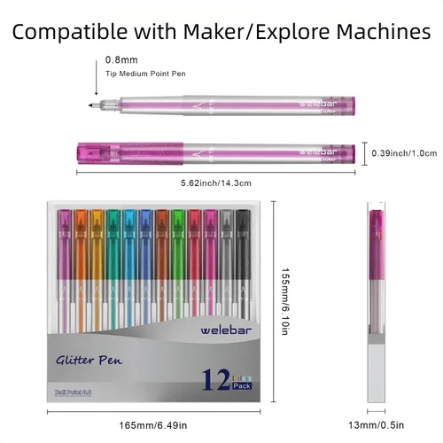 Vista 3 de Juego de bolígrafos de gel con purpurina compatible con Cricut Maker 3/Maker 4/Maker/Explore 3/4/5/Air 2/Air, juego de 12 bolígrafos de punta media