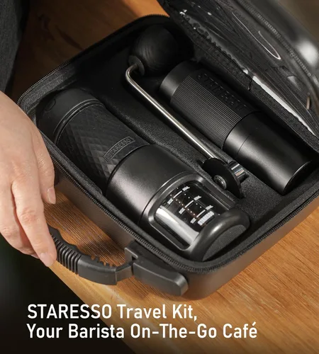 Vista 2 de STARESSO Kit de viaje 2026, juego de máquina de café espresso portátil y molinillo, doble uso para café molido y vainas, no necesita energía