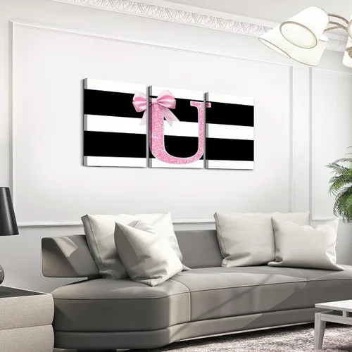 Vista 26 de Erosebridal Lienzo decorativo con monograma de 12 x 16 pulgadas, diseño de letra inicial de lazo rosa, decoración de pared, rayas blancas y negras
