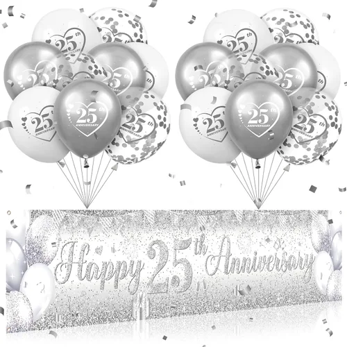 Vista 9 de Decoraciones azules plateadas para el 25 aniversario para hombres y mujeres, pancarta azul feliz 25 aniversario y 18 globos para suministros