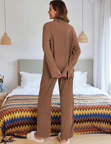 Vista 3 de Ekouaer Conjunto de 2 piezas para mujer, camisa de manga larga con botones y pantalones a juego, conjuntos holgados y casuales con bolsillos
