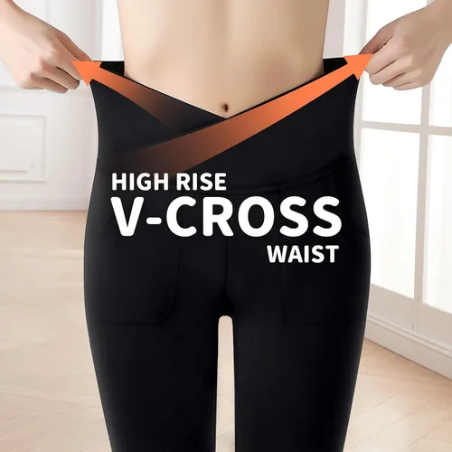 Vista 5 de Leggings para niñas, pantalones acampanados cruzados con bolsillos, color negro, suaves, elásticos, de cintura alta, para niños, yoga, danza