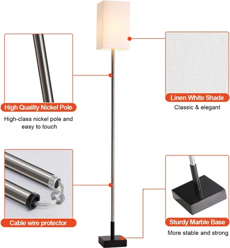 Vista 6 de Lámpara de pie, lámpara de pie regulable con control táctil de 3 vías con base de mármol resistente, lámpara de pie táctil de níquel cepillado