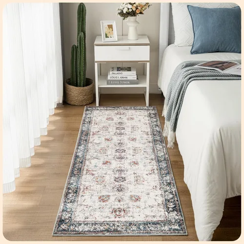 Vista 191 de Istana Alfombra larga antideslizante de 2.5 x 8 para el hogar, para pasillo y cocina, lavable, sedosa y suave al tacto, elegante, color azul y marfil