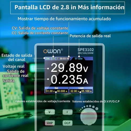 Vista 3 de OWON SPE3102 Fuente de alimentación programable de laboratorio (0-30V 0-10 A), fuente de alimentación CC de banco de 200 W con pantalla LCD de 2.8