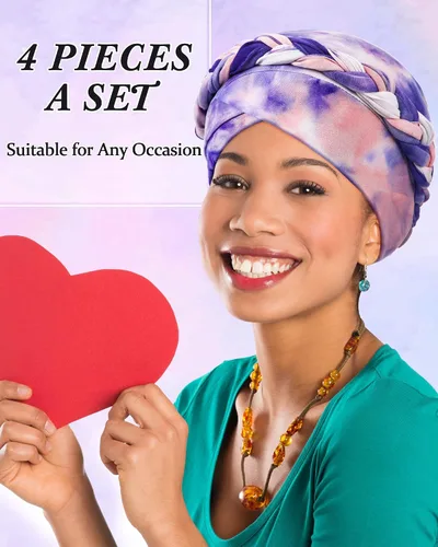 Vista 5 de SATINIOR 4 piezas de turbante africano para mujer, turbante con cuentas