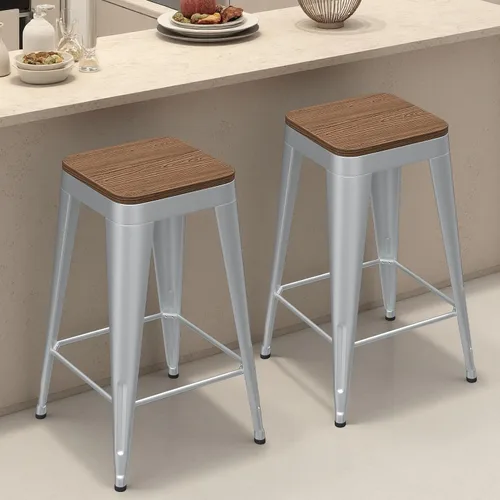 Vista 20 de Juego de 4 taburetes de bar de metal, taburetes de bar con respaldo alto con asiento de madera, taburetes de bar negros de 24 pulgadas para isla