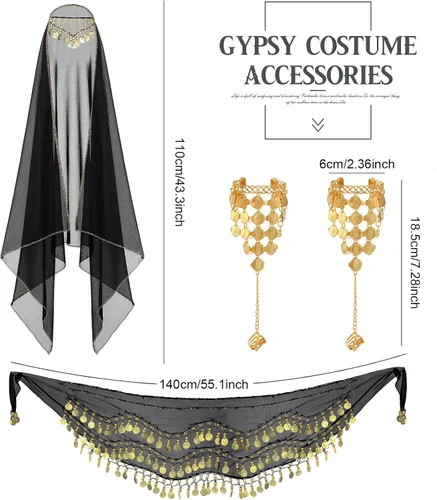 Vista 3 de Eurzom Disfraz de gitana para mujer, accesorios para danza del vientre, bufanda de cabeza gitana con monedas, bufanda de cadera gitana, conjunto