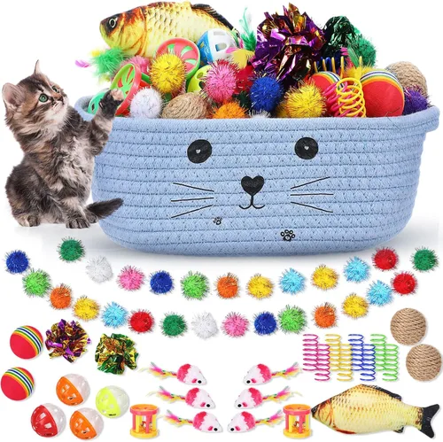 Vista 11 de Zopeal - Juego de 58 cestas de almacenamiento para gatos de verano, juguetes de regalo, bolas intermitentes coloridas para mascotas, bolas Negro