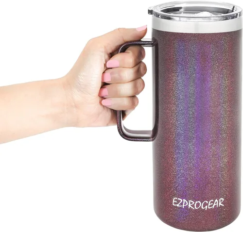 Vista 6 de Ezprogear Taza de café de acero inoxidable de 32 onzas con aislamiento y asa, tapa (32 onzas, taza rosa clavel) Vaso aislante, con asa, con tapa