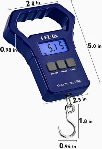Vista 7 de HEETA Báscula de pescado, báscula digital portátil de pesca colgante de 110 libras / 110.2 lbs con pantalla LCD retroiluminada, báscula de equipaje