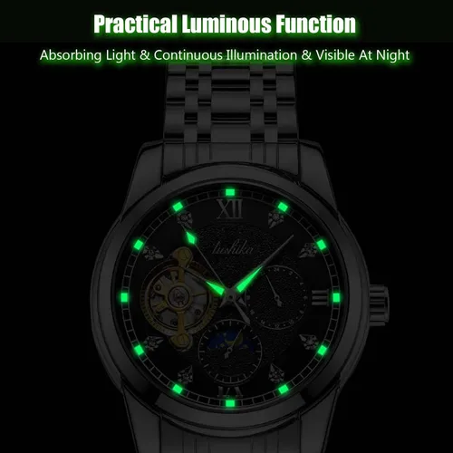 Vista 6 de RORIOS Reloj para hombre luminoso reloj mecánico automático con correa de acero inoxidable Tourbillon impermeable relojes de pulsera