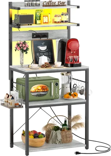 Vista 16 de Aheaplus - Estantería de cocina con toma de corriente, soporte para microondas, estación de café de 5 niveles con luces LED, estante