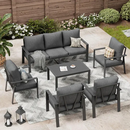 Vista 8 de Juego de muebles de aluminio para exteriores para todo tipo de clima, sofá seccional con mesa auxiliar y cojines con fundas extraíbles para terraza