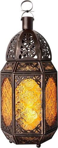 Vista 11 de Lewondr Farol de vela retro de hierro Ramadán, portátil de hierro forjado marroquí, de 10.2 pulgadas, portavelas decorativo, lámpara colgante