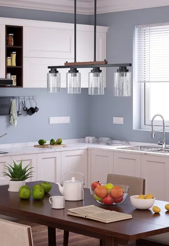 Vista 4 de Amico Lámpara de Comedor de 4 Luces para Isla de Cocina con Varillas Ajustables, Candelabro de Decoración Rústica de Metal Negro y Madera