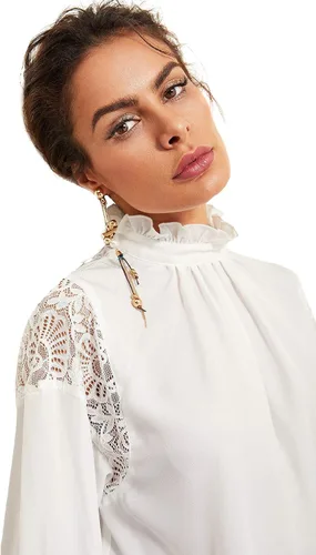 Vista 5 de Floerns Blusa de gasa transparente de manga larga abombada con cuello alto falso para mujer