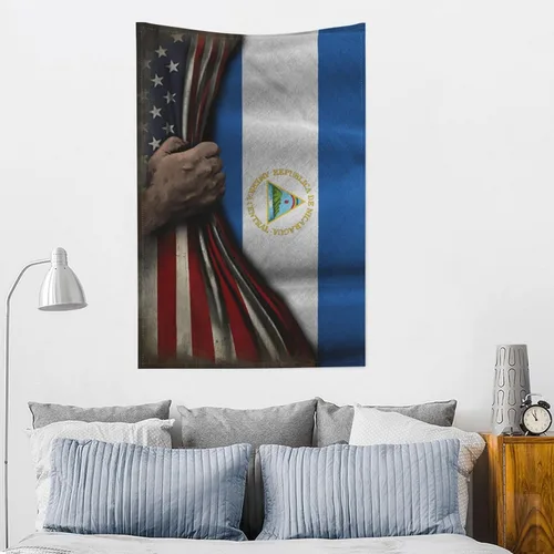 Vista 5 de Tapiz de mitad de bandera estadounidense y mitad de bandera de Nicaragua, 60 x 40 pulgadas, divertido tapiz estético, arte de pared para dormitorio