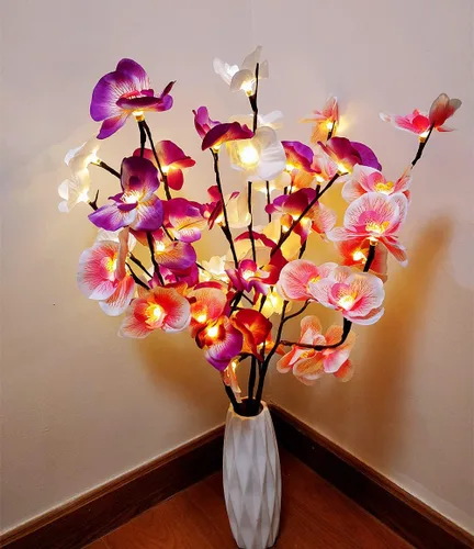 Vista 4 de Fantasee Luces de ramita de orquídea, 20 luces LED artificiales de rama de Phalaenopsis alimentadas por pilas, luces de decoración de ramas