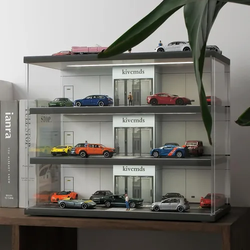 Vista 2 de Vitrina para Hot Wheels 1:64 Toy Car Garage con luces LED Diorama de garaje de 4 niveles para estacionamiento independiente, almacenamiento de polvo