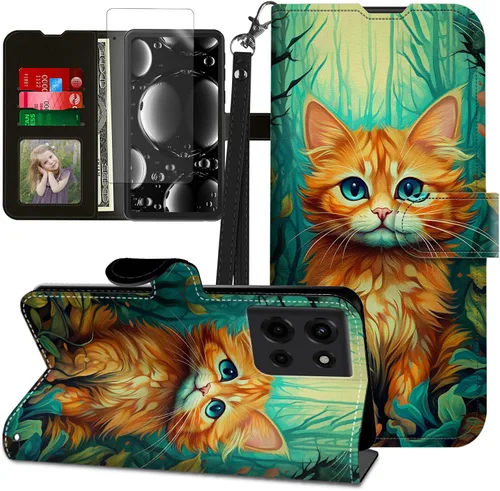 Vista 255 de Funda para Motorola Edge 2022 con protector de pantalla, soporte y tarjetero y correa para la muñeca, funda magnética para Moto Edge 2022 5G UW Lobo