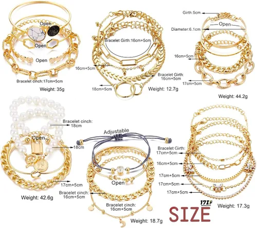 Vista 7 de 17IF 6 Pack Dainty Boho Gold Silver Chain Bracelets Set for Women Girls Stackable Chunky Multipack Layered Bangles Adjustable Flat Cuff Cuban Punk
