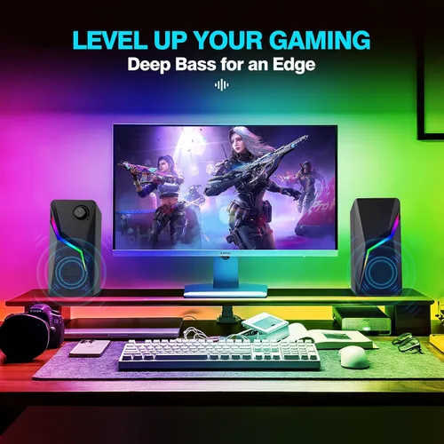 Vista 2 de Altavoces de computadora, altavoces de PC para escritorio con 6 modos de iluminación, accesorios para juegos de PC, altavoces de computadora
