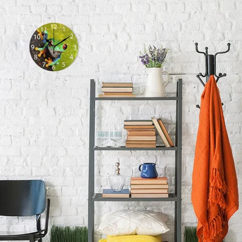 Vista 4 de Reloj de pared redondo con diseño de rana de árbol de ojos rojos, pintura al óleo silenciosa sin tictac, decorativo para el hogar, oficina, escuela