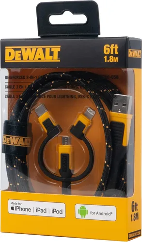 Vista 7 de DEWALT Cable de carga múltiple resistente 3 en 1, cable de carga rápida de 6 pies, adaptador de carga múltiple con puerto Lightning/tipo C/Micro USB