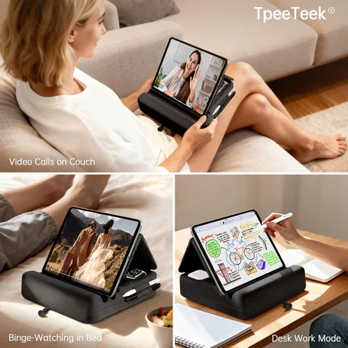 Vista 2 de Soporte de almohada para tablet con almacenamiento, soporte plegable para iPad para Lep, cama, sofá y escritorio, base suave con bolsillo y soporte