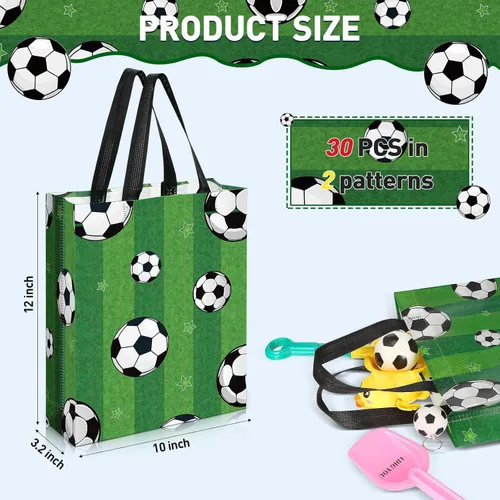 Vista 2 de Silkfly 30 bolsas de recuerdo de fiesta de fútbol de 10 x 12 pulgadas, bolsas de regalo de fútbol con asa, bolsas reutilizables de fútbol no tejidas