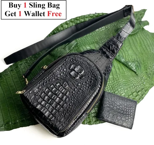 Vista 2 de Alligator Bolso cruzado de cuero para hombre, bolso de hombro para hombre, mochila pequeña para hombre, paquete elegante, Negro, M