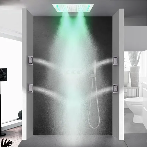 Vista 2 de Juego de sistema de ducha de lluvia de lujo, montado en techo, 14 x 20 pulgadas, grifo rectangular de ducha de lluvia con control LED, spa, baño