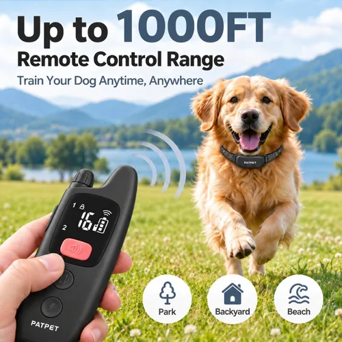 Vista 2 de PATPET Collar de entrenamiento para perros con control remoto, IPX7 impermeable, collar de choque para perros, 3 modos de entrenamiento, vibración