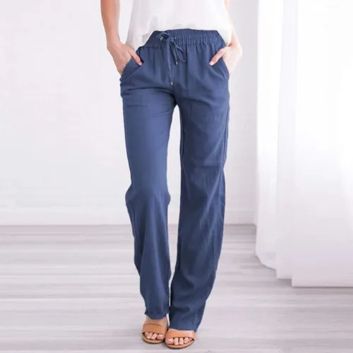 Vista 2 de Straight Women Pants Waist Cotton Elastic Solid Drawstring Long and Summer Smarty Pants Beach Pants for Women