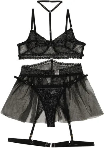 Vista 4 de Lilosy Conjunto de lencería sexy de encaje floral acolchado con aros de alta espera