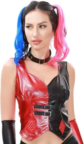 Vista 3 de Bigu Disfraz de Joker para mujer, traje de cosplay sexy de Halloween de 5 piezas con postizos