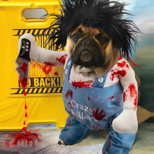 Vista 2 de Ropa de perro asesino, disfraz de perro, disfraces de Halloween para perros, disfraz ajustable de cosplay para perros, divertida peluca de muñeca