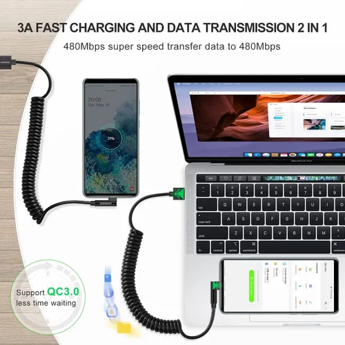 Vista 2 de aceyoon Cable USB tipo C en espiral de 90 grados, cable de carga rápida QC 3.0 para iPhone 15/15 Pro/15 Pro Max/15 Plus, Samsung Galaxy S20, cable