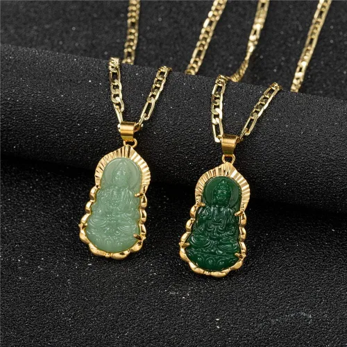 Vista 3 de kelistom Collar con colgante de Buda Guanyin verde chapado en oro de 18 quilates para mujeres y hombres, adorno budista, amuleto de Buda Maitreya